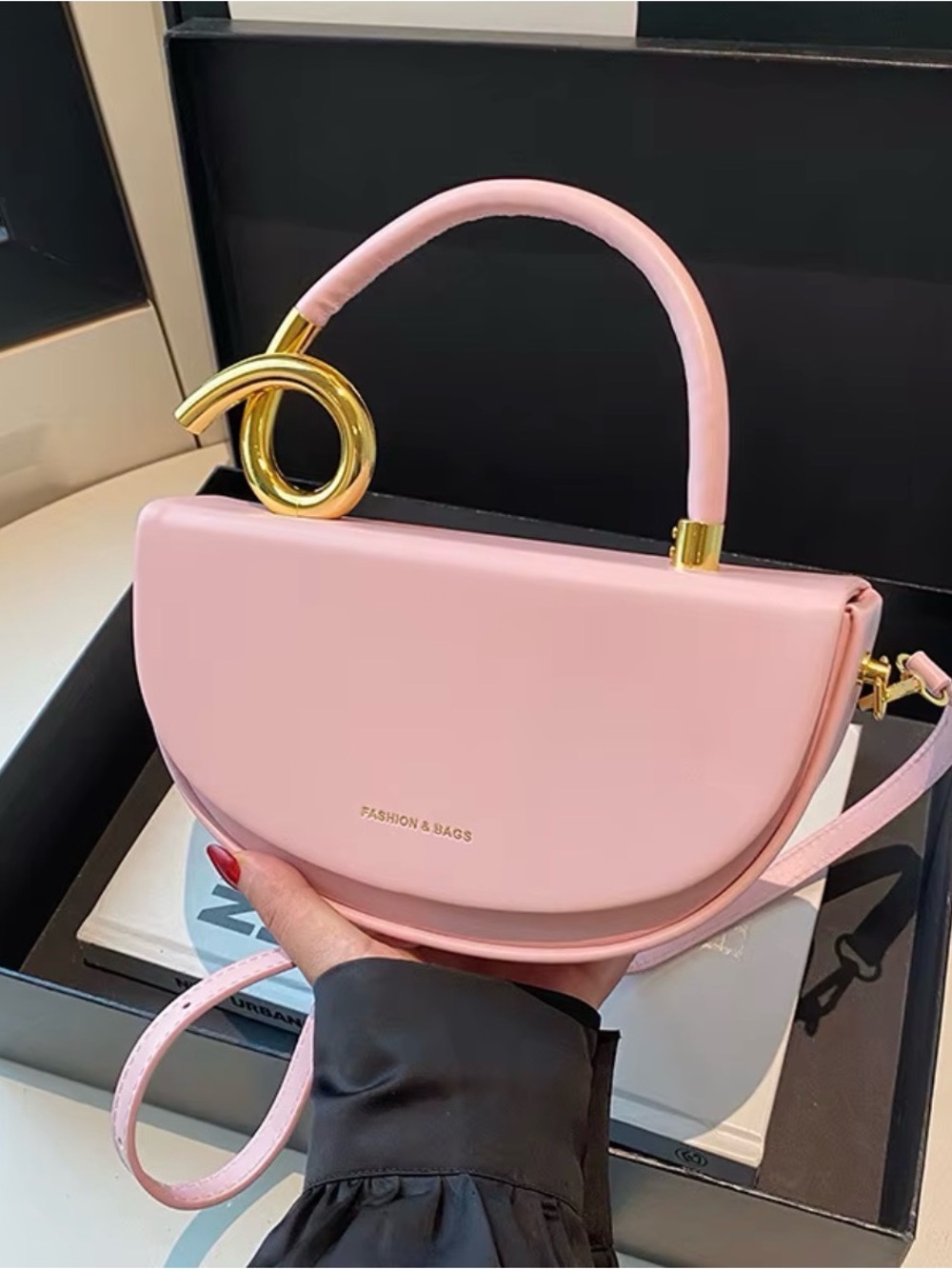 Fashion Bug Pale Pink Crescent Top-Handle Bag with Gold Knot